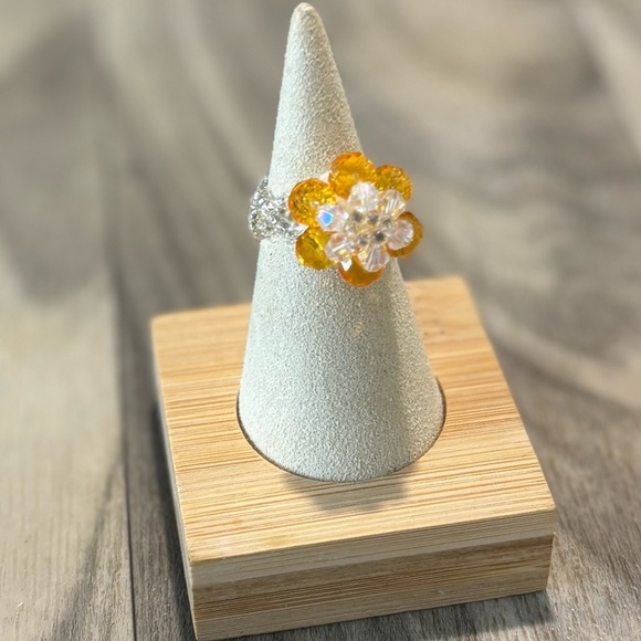 Handmade Jewelry - Crystal Beaded Floral Ring with Orange/Yellow and Silver Details! Hand made.